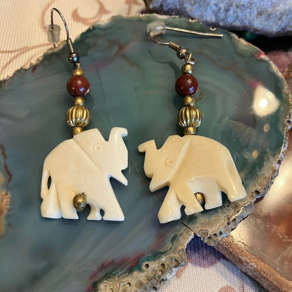 Bone  Elephant Dangle Earrings with Gold and Brown Accents - Women Jewelry